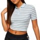 Women's Light Blue & White Striped Ribbed Cropped Polo Top