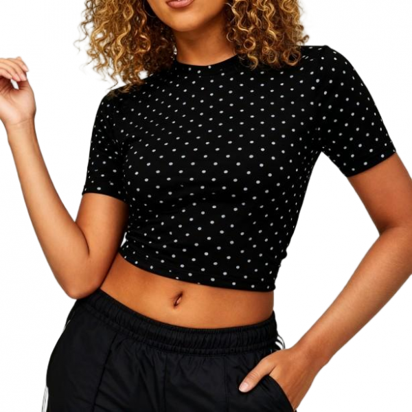 Women's Black & White Polka Dot Short Sleeve Cropped T-Shirt