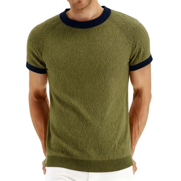 Men's Olive Green Textured Knit Crew Neck Short-Sleeve Top