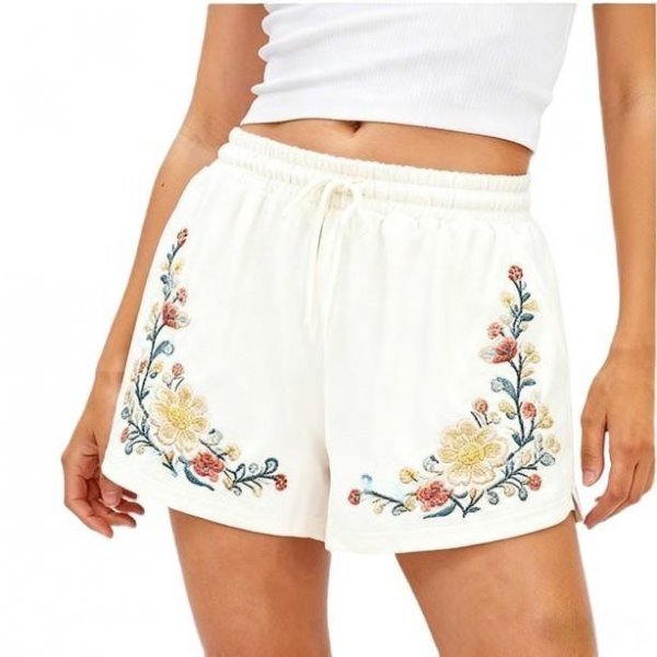 Women's White Embroidered Floral Elastic Waist Shorts