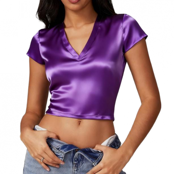 Women's Satin V-Neck Short Sleeve Cropped Top (Purple)