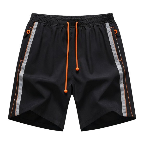 Men's Black Drawstring Shorts with Reflective Stripes & Orange Accents