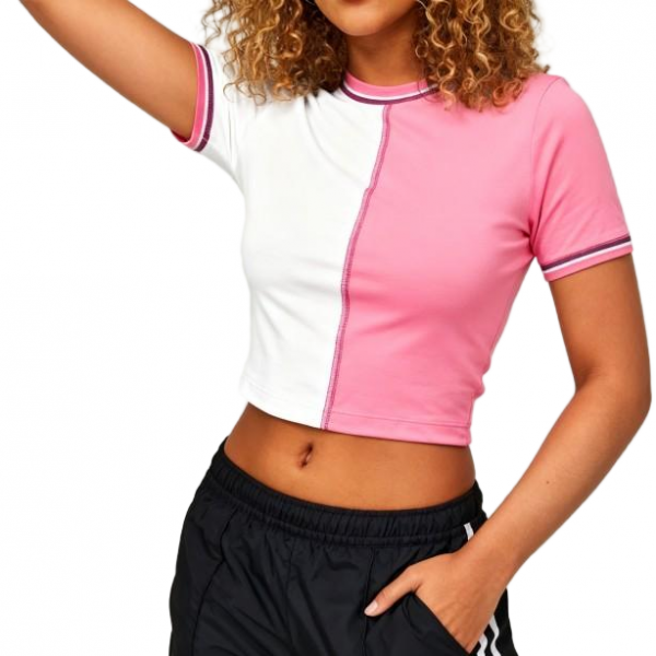 Women's Pink & White Color-Block Short Sleeve Cropped T-Shirt