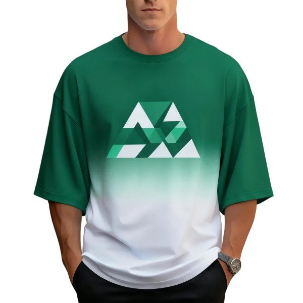Men's Green & White Gradient Geometric Print Oversized Short-Sleeve Tee