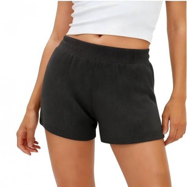 Women's Black Ribbed Knit Elastic Waist Shorts