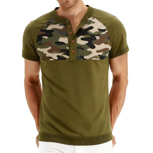 Men's Olive Green Henley Shirt with Camouflage Chest Panel