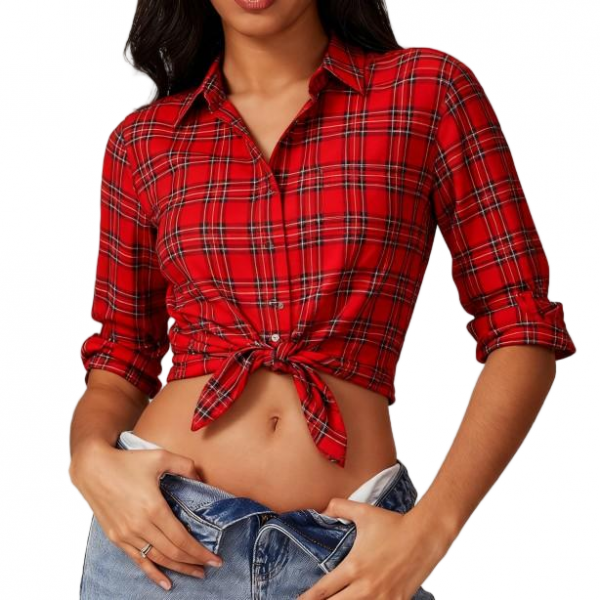 Women's Red Plaid Tie-Front Long Sleeve Cropped Button-Down Shirt