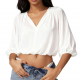 Women's White Satin V-Neck Puff Sleeve Cropped Blouse