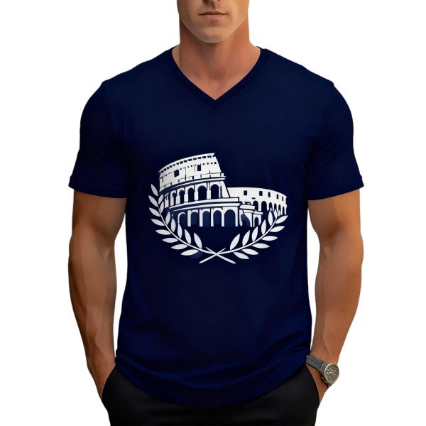 Men's Navy Blue V-Neck T-Shirt with Colosseum & Laurel Print