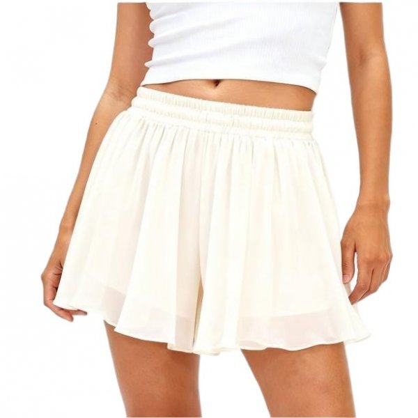 Women's White Chiffon Flowy Wide-Leg Shorts