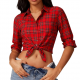 Women's Red Plaid Tie-Front Long Sleeve Cropped Button-Down Shirt