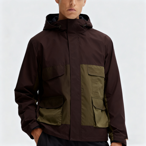 Chocolate Brown & Olive Patchwork Hooded Jacket
